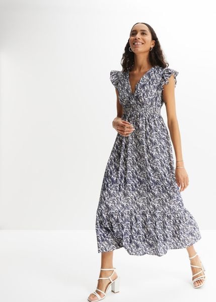 Sukienka midi z rękawami motylkowymi. Niebieskie sukienki damskie bonprix, bez wzorów, eleganckie, bez kołnierzyka, bez ramiączek, midi. Za 144.99 zł.