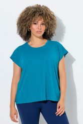 Damskie Bluzka devore oversize okrągły dekolt bez rękawów. Niebieskie bluzki sportowe damskie Ulla Popken, plus size, z bawełny, bez kołnierzyka, bez ramiączek. Za 199.99 zł.