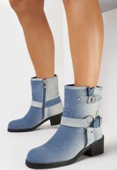 Niebieskie Botki w Stylu Biker ze Sprzączkami i Paskami Hannitra. Niebieskie botki damskie Born2be, z jeansu, bez obcasa, na obcasie, bez zapięcia. Za 169.99 zł.