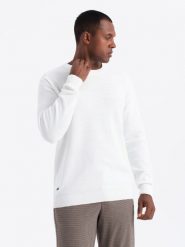 Sweter męski RELAXED FIT z dzianiny o diamentowym splocie – złamana biel V1 OM-SWSW-0110 - XXL. Swetry męskie Ombre Clothing, l, z aplikacjami, z bawełny, bez kołnierzyka. W wyprzedaży za 69.99 zł.