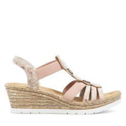 Sandały Rieker. Czerwone sandały damskie Rieker, bez wzorów, bez obcasa, na koturnie. Za 299.99 zł.