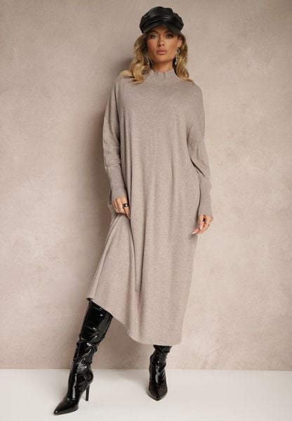Beżowa Pudełkowa Sukienka Sweterkowa z Wiskozą i Golfem Rinnine. Brązowe sukienki damskie Renee, na co dzień, bez wzorów, z wiskozy, eleganckie, bez kołnierzyka, bez ramiączek, maxi. Za 84.99 zł.