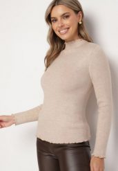 Ciemnobeżowy Sweter z Wełną i Ozdobną Falbanką przy Dekolcie Seanoria. Brązowe swetry klasyczne damskie Born2be, l, z jeansu, bez kołnierzyka. Za 84.99 zł.