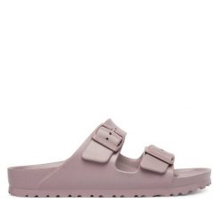 Klapki Birkenstock. Fioletowe klapki damskie Birkenstock, bez wzorów, bez obcasa. Za 229.99 zł.