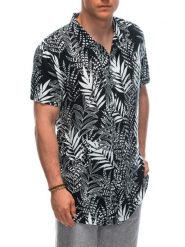 Wiskozowa wzorzysta męska koszula z krótkim rękawem OM-SHPS-0113 - czarna/biała V2 - XL. Czarne koszule męskie Ombre Clothing, l, bez wzorów, z materiału, bez kołnierzyka, bez ramiączek. W wyprzedaży za 69.99 zł.