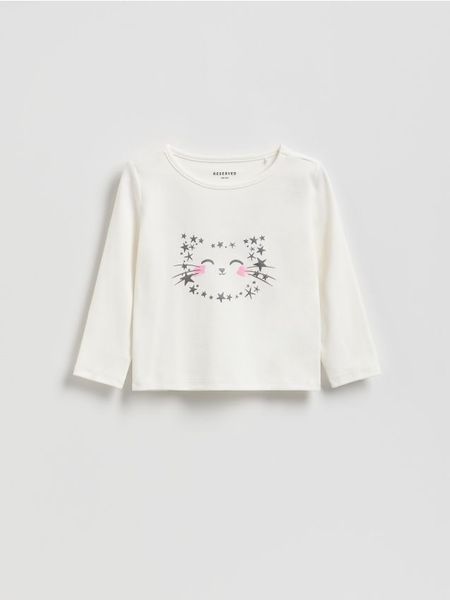 Koszulka z nadrukiem - złamana biel. Koszulki dziewczęce Reserved, m, bez wzorów, z bawełny, bez ramiączek. Za 27.99 zł.