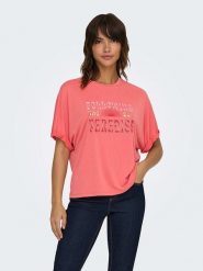 ONLY Koszulka w kolorze koralowym rozmiar: L. Czerwone bluzki damskie Only, l, bez wzorów, bez kołnierzyka, bez ramiączek. Za 56.53 zł.