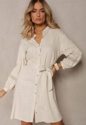 Beżowa Sukienka Koszula z Haftowanym Rękawem Wiązana w Pasie Passacalia. Brązowe sukienki damskie Renee, na co dzień, l, bez wzorów, z materiału, eleganckie, bez kołnierzyka, bez ramiączek, mini, dopasowane. W wyprzedaży za 159.99 zł.