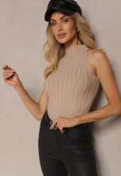 Beżowy Top z Golfem i Wiskozą z Prążkowanego Materiału Lilithea. Brązowe topy damskie Renee, m, bez wzorów, z jeansu, bez kołnierzyka. Za 69.99 zł.
