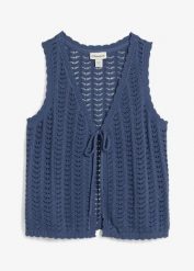 Kamizelka dzianinowa w ażurowy wzór. Niebieskie kamizelki damskie bonprix, z dzianiny. Za 47.99 zł.