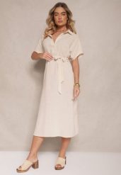 Beżowa Wiskozowa Sukienka Koszulowa z Wiązanym Paskiem w Talii Vanisti. Brązowe sukienki damskie Renee, na co dzień, l, bez wzorów, z wiskozy, eleganckie, bez kołnierzyka, bez ramiączek, midi, dopasowane. W wyprzedaży za 59.49 zł.