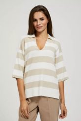 Sweter w szerokie pasy z krótkimi rękawami i dekoltem w serek beżowy. Brązowe swetry klasyczne damskie MOODO, m, bez kołnierzyka. W wyprzedaży za 35.99 zł.