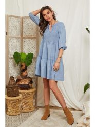 Lin Passion Lniana sukienka w kolorze błękitnym rozmiar: 40/42. Niebieskie sukienki damskie Lin Passion, bez wzorów, ze lnu, klasyczne, bez kołnierzyka, bez ramiączek, mini. Za 173.99 zł.