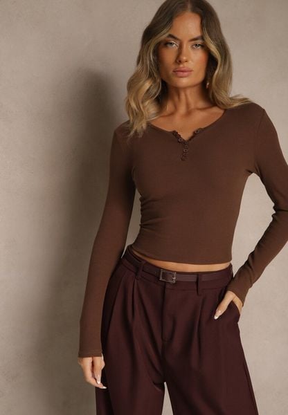 Brązowa Bawełniana Bluzka Longsleeve z Prążkowanej Tkaniny z Guziczkami Amandria. Brązowe bluzki damskie Renee, m, bez wzorów, z bawełny, bez kołnierzyka, bez ramiączek. Za 54.99 zł.