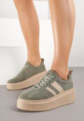 Zielone Sneakersy Kultowe Tenisówki na Platformie z Koturnem Elisara. Zielone trampki i tenisówki damskie Born2be, bez wzorów, z jeansu. Za 99.99 zł.