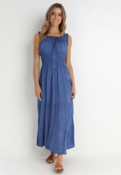 Niebieska Sukienka Abill. Niebieskie sukienki damskie Born2be, na lato, l, bez wzorów, boho, bez kołnierzyka, bez ramiączek, maxi. W wyprzedaży za 87.99 zł.