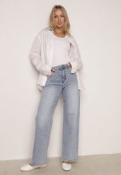 Niebieskie Jeansy Szerokie z Wysokim Stanem Ozdobione Przeszyciami Aikaea. Niebieskie jeansy damskie Born2be, z podwyższonym stanem. Za 129.99 zł.