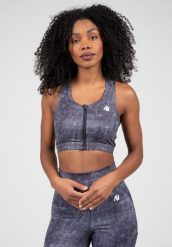 Biustonosz sportowy damski Camilla Zip-Front. Niebieskie biustonosze sportowe damskie GORILLA WEAR, bez wzorów, z materiału. Za 218.35 zł.