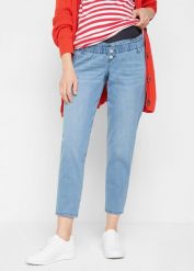 Jeansy ciążowe z bawełny ze stretchem i zwężanymi nogawkami. Niebieskie jeansy damskie bonprix, moda ciążowa. Za 169.99 zł.