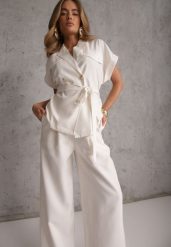 Biały Wiskozowy Komplet z Lnem Spodnie Wide Leg i Bluzka o Kroju Marynarki Daprise. Białe marynarki i żakiety damskie Renee, bez wzorów, z wiskozy, eleganckie. Za 309.99 zł.