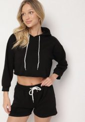 Czarny Komplet Dresowy z Bawełną Bluza z Kapturem Krótszego Kroju i Szorty Ralophea. Czarne bluzy z kapturem damskie Born2be, bez wzorów, z bawełny, klasyczne. Za 74.99 zł.