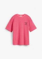 T-shirt w paski, z haftem. Czerwone t-shirty damskie bonprix, bez wzorów, bez kołnierzyka. Za 52.99 zł.