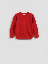 Sweter z bufiastym rękawem - czerwony. Czerwone swetry klasyczne damskie Reserved, l, z dzianiny, bez kołnierzyka. Za 99.99 zł.