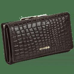 Damski portfel skórzany WINGS z ochroną RFID o pojemnym wnętrzu CROCO BLACK. Czarne portfele damskie Wings, bez wzorów, ze skóry. Za 149.90 zł.