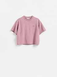 T-shirt z efektem sprania - brudny róż. Czerwone t-shirty damskie Reserved, l, bez wzorów, z bawełny, bez kołnierzyka. Za 59.99 zł.