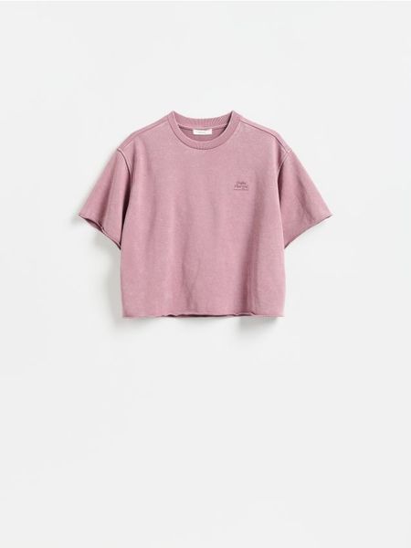 T-shirt z efektem sprania - brudny róż. Czerwone t-shirty damskie Reserved, l, bez wzorów, z bawełny, bez kołnierzyka. Za 59.99 zł.