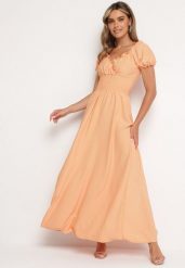 Pomarańczowa Wiskozowa Sukienka z Gumką w Pasie i Trójkątnym Dekoltem Quneri. Brązowe sukienki damskie Born2be, na imprezę, m, bez wzorów, z jeansu, eleganckie, bez kołnierzyka, bez ramiączek, maxi, sportowe. W wyprzedaży za 63.99 zł.