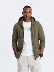 Rozpinana bluza męska dresowa BASIC – oliwkowa V2 OM-SSBZ-0160 - XXL. Zielone bluzy z kapturem męskie Ombre Clothing, l, z dresówki. Za 125.99 zł.