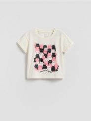 T-shirt ze świecącym nadrukiem - złamana biel. Koszulki dziewczęce Reserved, m, bez wzorów, z bawełny, bez ramiączek. Za 35.99 zł.