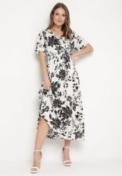 Biało-Czarna Sukienka Długa z Kopertową Górą w Kwiatowy Print Solmare. Białe sukienki damskie Born2be, na co dzień, l, bez wzorów, eleganckie, bez kołnierzyka, bez ramiączek, maxi, kopertowe. W wyprzedaży za 63.99 zł.