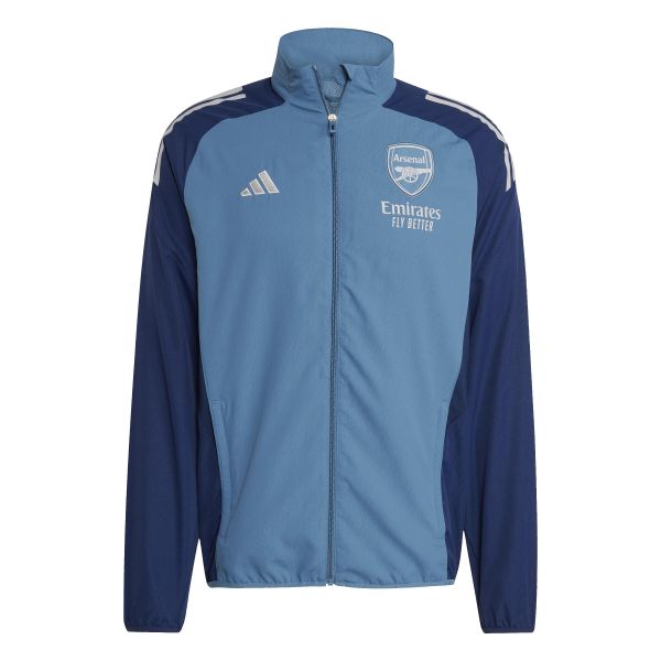 Kurtka dresowa Prematch Arsenal 2025/26. Niebieskie kurtki męskie Adidas, bez wzorów, z dresówki, sportowe, bez kaptura. W wyprzedaży za 307.50 zł.