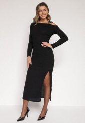 Czarna Dopasowana Sukienka z Metaliczną Ozdobą na Ramieniu Reilara. Czarne sukienki damskie Born2be, uniwersalny, z aplikacjami, eleganckie, bez kołnierzyka, bez ramiączek, maxi, dopasowane. Za 129.99 zł.