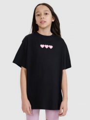 4F T-shirt oversize z nadrukiem dziewczęcy - czarny 128 (7-8 lat). Czarne koszulki dziewczęce 4f, bez wzorów, z bawełny, bez ramiączek. W wyprzedaży za 19.99 zł.