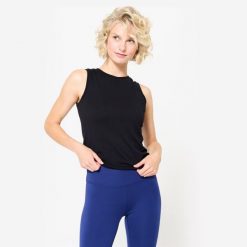 Koszulka do jogi damska Kimjaly bez rękawów. Czarne bluzki sportowe damskie KIMJALY, xl, z materiału, bez kołnierzyka, bez ramiączek. Za 69.99 zł.