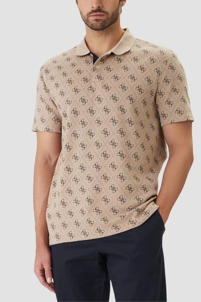 GUESS Beżowa męska koszulka polo w monogram 4G Jacquard, Rozmiar XXL. Brązowe koszulki polo męskie Guess, m, z aplikacjami, bez ramiączek. W wyprzedaży za 209.99 zł.