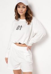 Biały 2-Częściowy Komplet Dresowy Bluza z Nadrukiem i Luźne Szorty z Kieszeniami Ridana. Białe bluzy bez kaptura damskie Born2be, bez wzorów, z dresówki, eleganckie. Za 49.99 zł.
