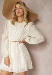 Jasnobeżowa Sukienka z Długim Rękawem o Rozkloszowanym Kroju z Gumką w Talii Kiofina. Brązowe sukienki damskie Renee, na co dzień, m, bez wzorów, eleganckie, bez kołnierzyka, bez ramiączek, mini, proste. Za 99.99 zł.
