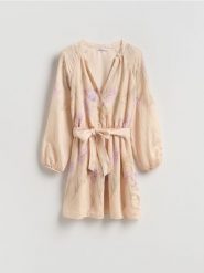 Sukienka mini z modalem - kremowy. Białe sukienki damskie Reserved, l, bez wzorów, z tkaniny, bez kołnierzyka, bez ramiączek, mini, rozkloszowane. Za 149.99 zł.