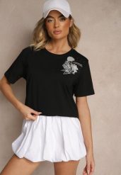 Czarny Bawełniany T-shirt z Ozdobnym Nadrukiem i Cyrkoniami Teomala. Czarne t-shirty damskie Renee, l, bez wzorów, z bawełny, bez kołnierzyka. Za 34.99 zł.