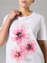 Bawełniana koszulka z nadrukiem w kwiaty - kremowy. Białe t-shirty damskie Sinsay, l, bez wzorów, z bawełny, bez kołnierzyka. Za 25.99 zł.