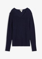 Sweter z prążkowanej dzianiny z czystej bawełny organicznej. Niebieskie swetry klasyczne damskie bonprix, z bawełny, bez kołnierzyka. Za 99.99 zł.