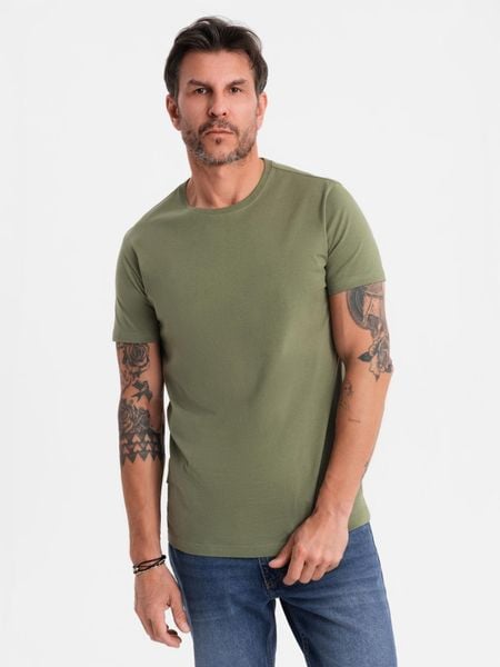 T-shirt męski klasyczny bawełniany BASIC - khaki V6 - Rozmiar: XL. Brązowe t-shirty męskie Ombre Clothing, m, bez wzorów, z bawełny, bez kołnierzyka. W wyprzedaży za 29.99 zł.