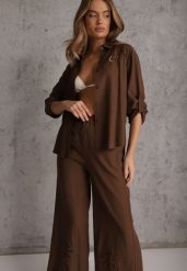 Brązowy Boho Komplet z Bawełną Koszula i Spodnie z Ażurowymi Zdobieniami Runesa. Brązowe koszule damskie Renee, z aplikacjami, z bawełny, boho. Za 149.99 zł.