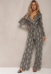 Czarno-Beżowy Kopertowy Kombinezon z Paskiem w Talii i Ozdobnym Wzorem Mirannda. Czarne kombinezony damskie Renee, m, bez wzorów, z materiału, eleganckie, bez kołnierzyka, bez ramiączek. Za 129.99 zł.