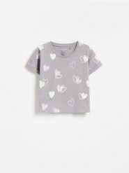 Bawełniany t-shirt we wzory - ciemnoszary. Szare koszulki dziewczęce Reserved, m, bez wzorów, z bawełny, bez ramiączek. Za 27.99 zł.