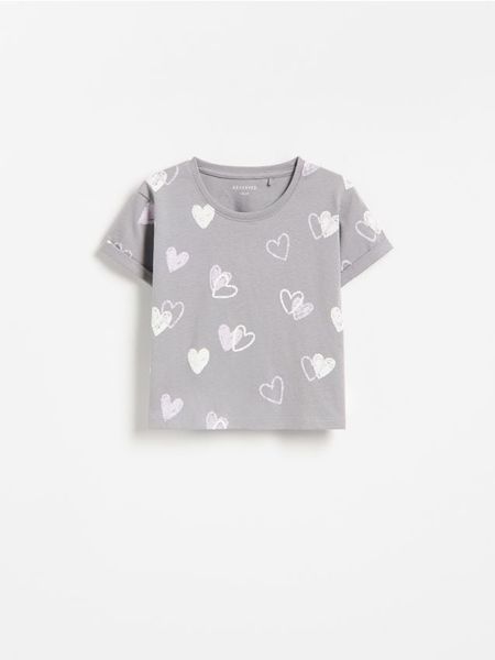 Bawełniany t-shirt we wzory - ciemnoszary. Szare koszulki dziewczęce Reserved, m, bez wzorów, z bawełny, bez ramiączek. Za 27.99 zł.